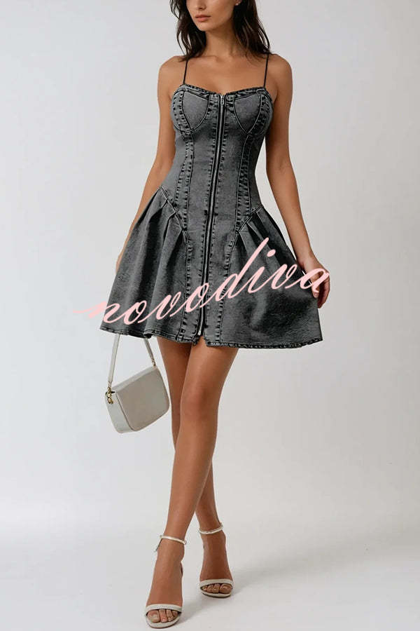 Fashionable Patchwork Suspender Zipper Slim Denim Mini Dress