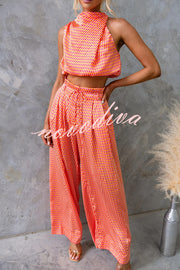 Girls Night Satin Printed High Neck Top and Elastic Tie-up Waist Pocket Wide Leg Pants Set
