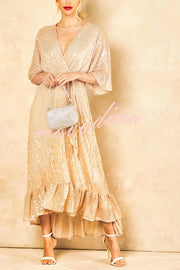 Solid Color Sequined V-neck Waist Tie Loose Maxi Dress