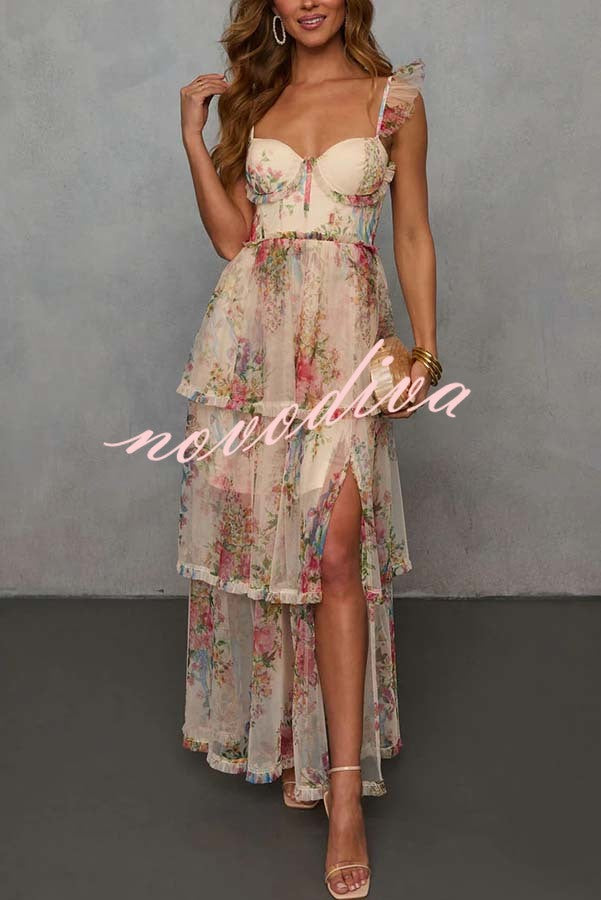 Romantic and Elegant Mesh Floral Back Smocked Tiered Ruffle Maxi Dress