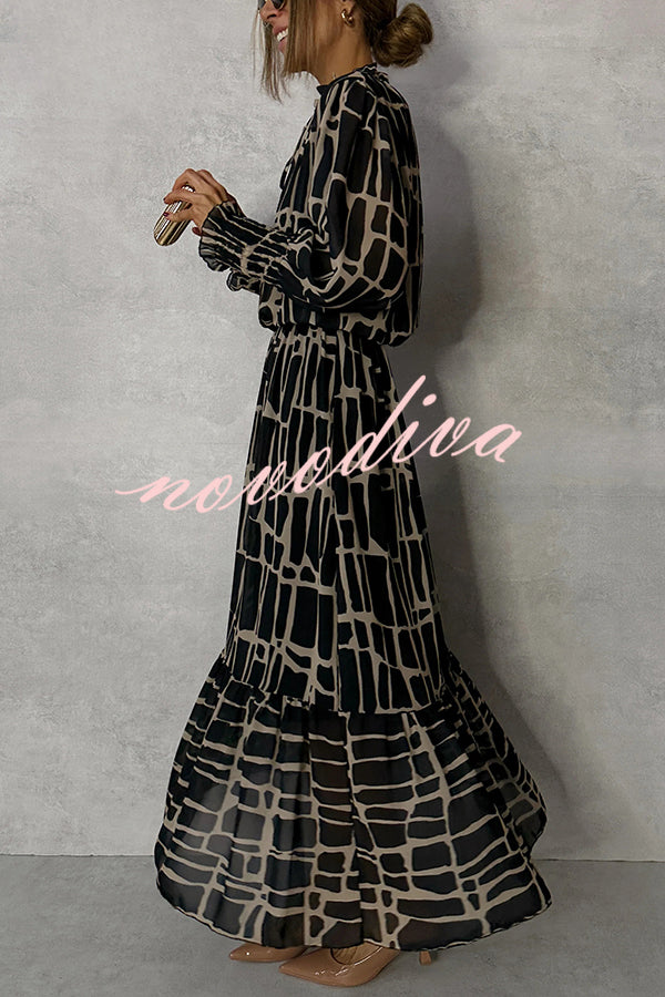 Unique Printed V-neck Tie-up Waist Long-sleeve Maxi Dress