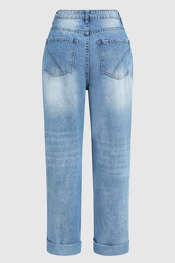 Stylish Ripped Low-rise Button Pocket Baggy Straight-leg Jeans