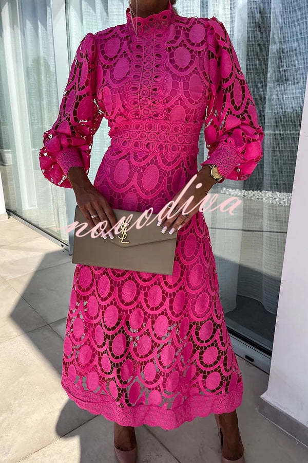 Romantic, Sensual and Elegant Crochet Lace Lantern Sleeve Party Midi Dress