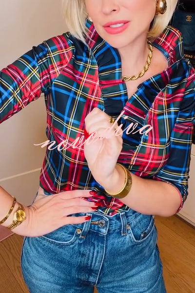 Duke of York Holiday Plaid Ruffle Stand Neck Half Sleeve Blouse