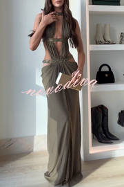 Khaki Hot-fix Rhinestone Shoulder Strap Cutout Design Backless Drape Maxi Dress