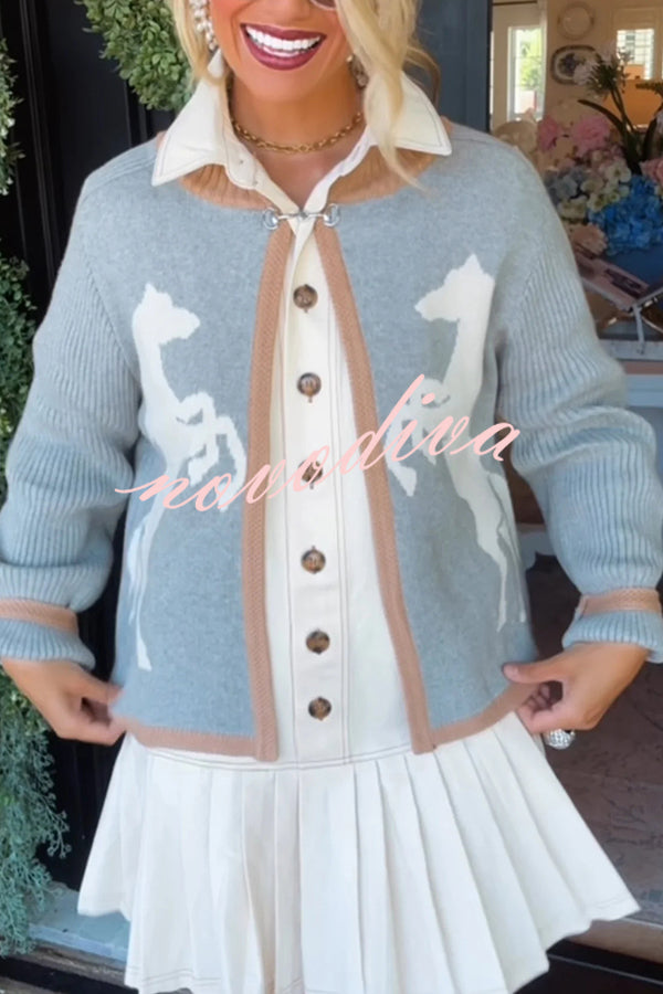 Stylish White Horse Pattern Casual Long-sleeved Knitted Cardigan