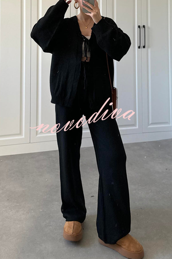 Solid Color V-neck Tie Long-sleeved Loose Knit Cardigan and Elastic Waist Casual Straight Leg Pants Set