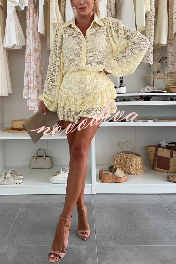 Nicola Lace Long Balloon Sleeve Blouse and Elastic Waist Layered Skort Set
