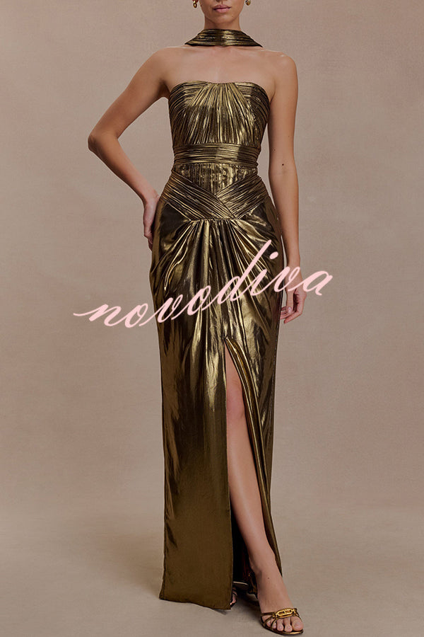 Clemence Plisse Metallic Fabric Reverse Halter Beck Strap Drape Slit Maxi Dress