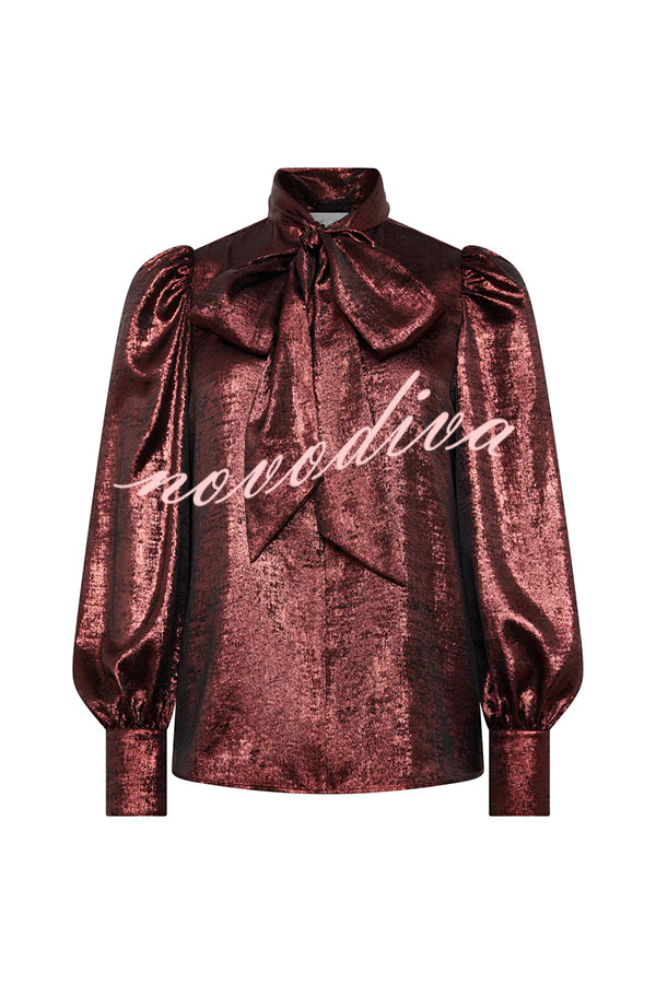 Ariella Metallic Satin Fabric Tie-up Bow Neck Long Sleeve Blouse