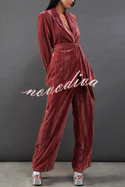 Solid Color Velvet Long-sleeved Waist Tie Top and Elastic Waist Casual Pocket Straight-leg Pants Set