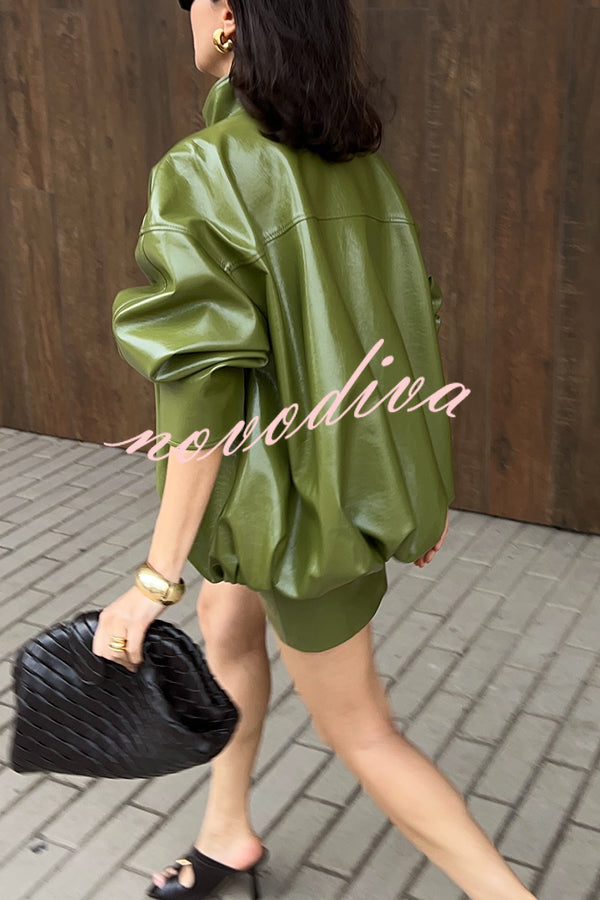 Solid Color Loose Long Sleeve Pocket Casual Leather Jacket