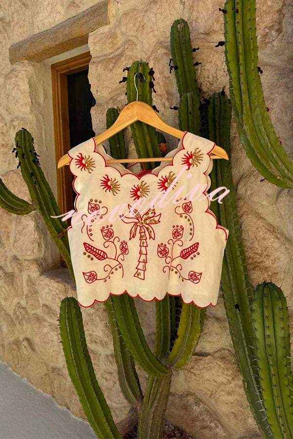 Sunny Day Linen Blend Contrast Embroidered Print Scallop Trim Lace-up Top