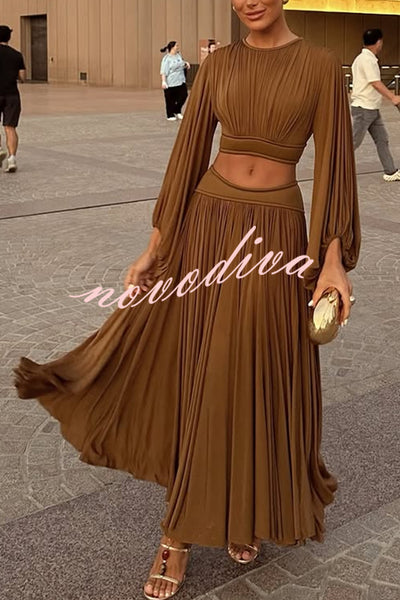 Dramatic Queen Gathered Batwing Sleeve Crop Top and Elastic Waist Slit Maxi Skirt Set