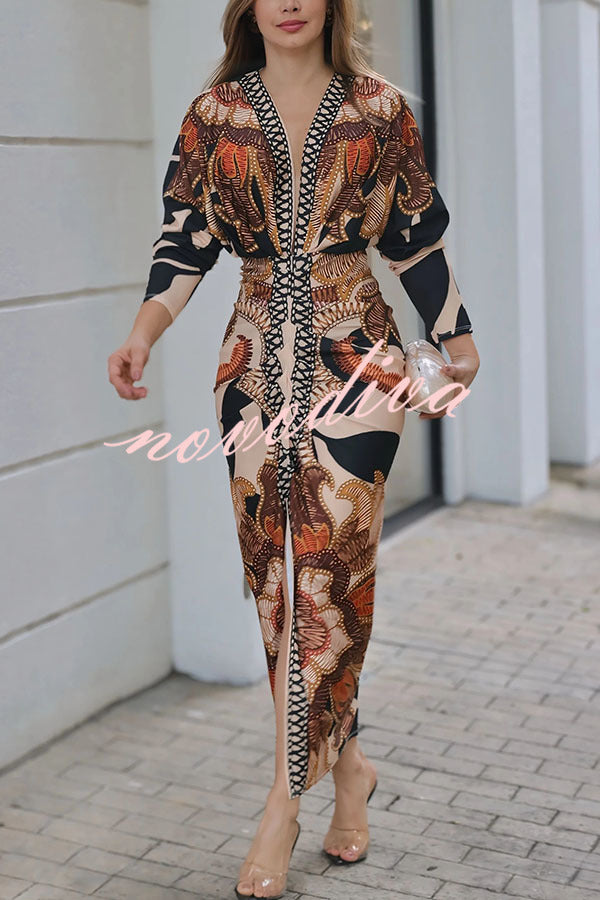 Verra Unique Print Dolman Long Sleeve Ruched Slit Midi Dress