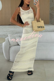 Solid Color Knit Hollow Crew Neck Sleeveless Beach Cover Up Maxi Dress