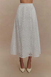 Arla Embroidered Lace Hollow High Rise A-line Midi Skirt