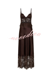 Elegant Evening Satin Lace Patchwork See-through Waist Slip Maxi Dress