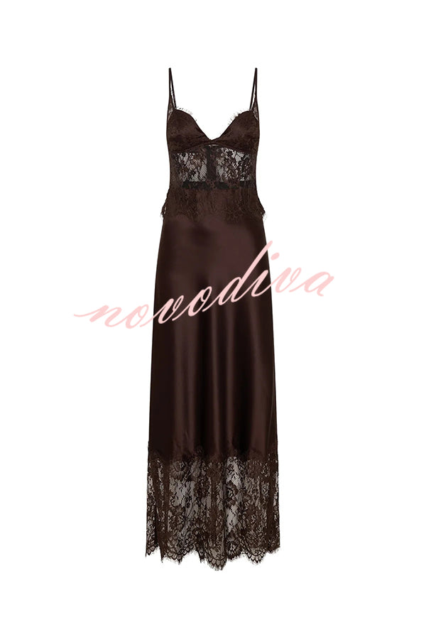 Elegant Evening Satin Lace Patchwork See-through Waist Slip Maxi Dress