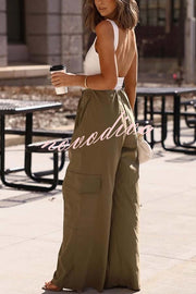 Great Week Pleated Elastic Waist Zipper Pocket Wide Leg Cargo Pants