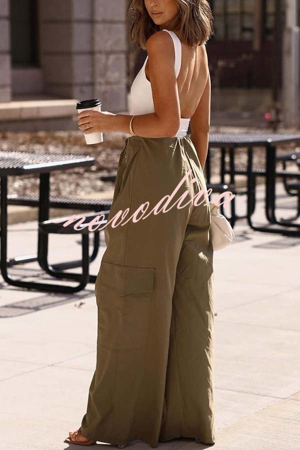 Great Week Pleated Elastic Waist Zipper Pocket Wide Leg Cargo Pants
