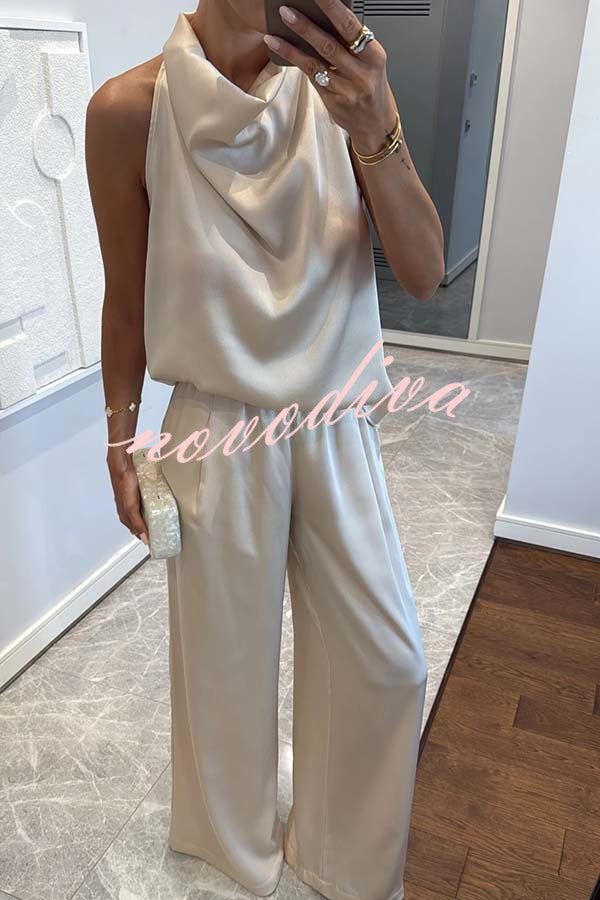 Classic on You Satin High Cowl Neck Top and Elastic Waist Pocket Loose Pants Set