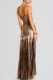 Artistic Quality Metallic Pleated Fabric Removable Straps Slit Maxi Dress