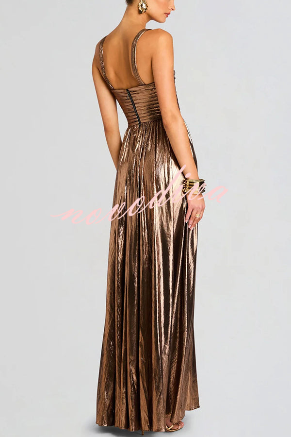 Artistic Quality Metallic Pleated Fabric Removable Straps Slit Maxi Dress