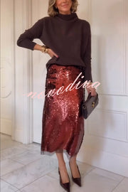 Upper East Chic Sequin Mesh Trim High Rise Slit Pencil Midi Skirt