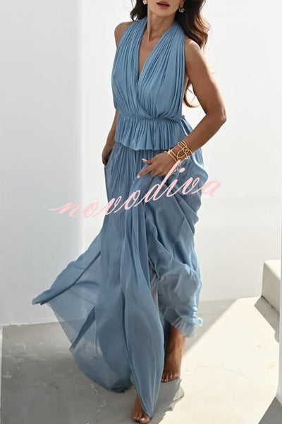 Pure Lightness Chiffon Pleated Halter Backless Top and Elastic Waist A-line Maxi Skirt Set