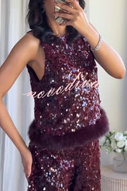 Gala Goddess Sequin Faux Fur Trim Crew Neck Sleeveless Loose Top