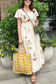 Summer Resort Printed Round Neck Bell Sleeve Maxi Dress