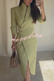Elegant Look Linen Blend Stand Lapel Neck Half Sleeve Side Button Midi Dress