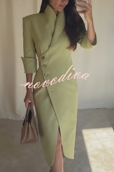 Elegant Look Linen Blend Stand Lapel Neck Half Sleeve Side Button Midi Dress