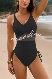 Solid Color Drawstring Waist Mesh One-Piece Bikini Swimsuit