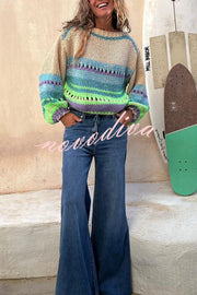 Rainbow Mood Multicolor Round Neck Hollow Long Sleeve Knitted Sweater