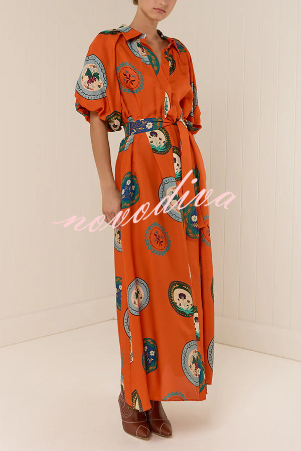 Linen Blend Unique Print Lapel Loose Tie Cardigan Maxi Dress