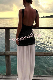 Sexy Backless Sleeveless Sequined Pleated Hem Maxi Dress