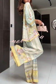 Elonie Satin Floral Print V-neck Half Sleeve Top and Elastic Waist Wide Leg Pants Set