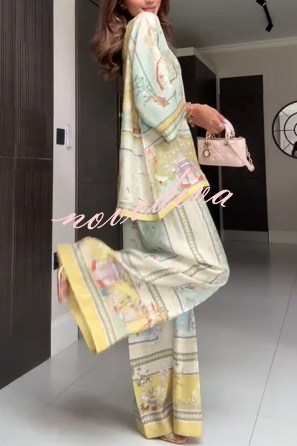 Elonie Satin Floral Print V-neck Half Sleeve Top and Elastic Waist Wide Leg Pants Set