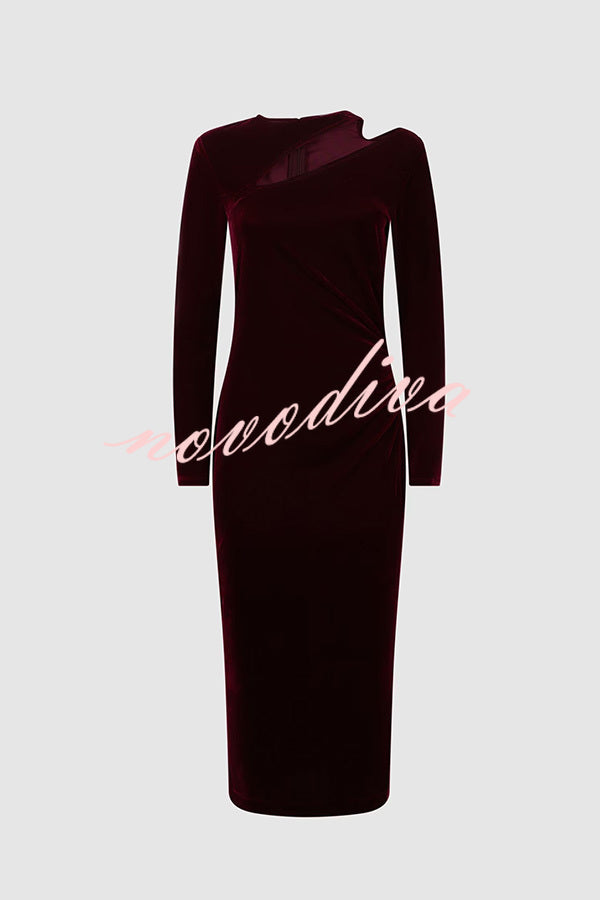 Perfect Party Velvet Cut Out Detail Long Sleeve Ruched Stretch Midi Dress