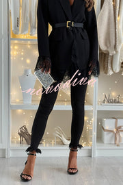 Spiced Muse Lace Trim High Rise Elastic Waist Stretch Pencil Pants