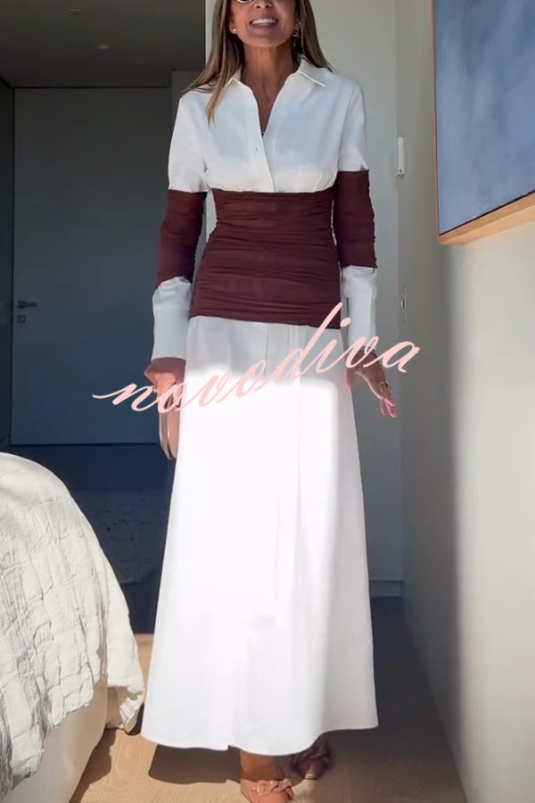 Fashionable Pleated Contrast Patchwork Waist Long Sleeve Button Shirt Maxi Dress