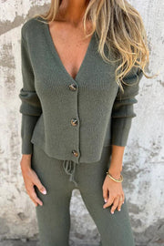 Solid Color V-neck Long-sleeved Button-down Knitted Top and Waist-tied Casual Straight-leg Pants Set