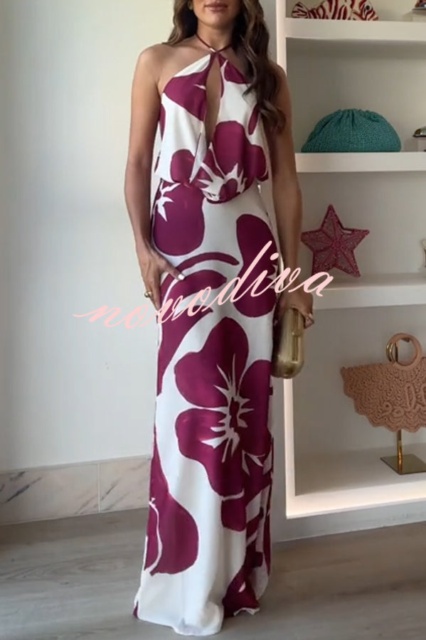 Leslie Flower Print Halter Cutout Cowl Neck Backless Maxi Dress