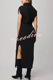 Solid Color Sleeveless Knitted Elegant Waist Midi Dress