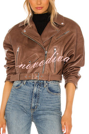 Fashion Lapel Long Sleeve Casual Zipper Pocket Leather Jacket