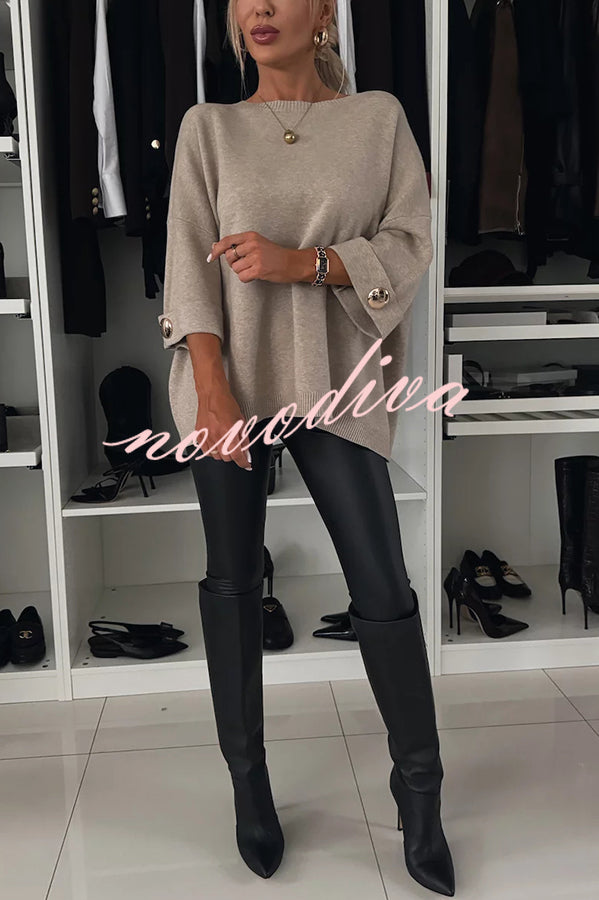 Elegance and Modern Knit Button Detail Half Sleeve Loose Sweater