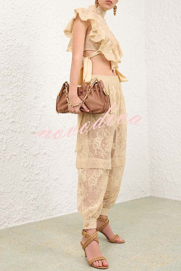 Ellie Lace Gathered Waist Pocket Button Ankle Cuffs Harem Pant