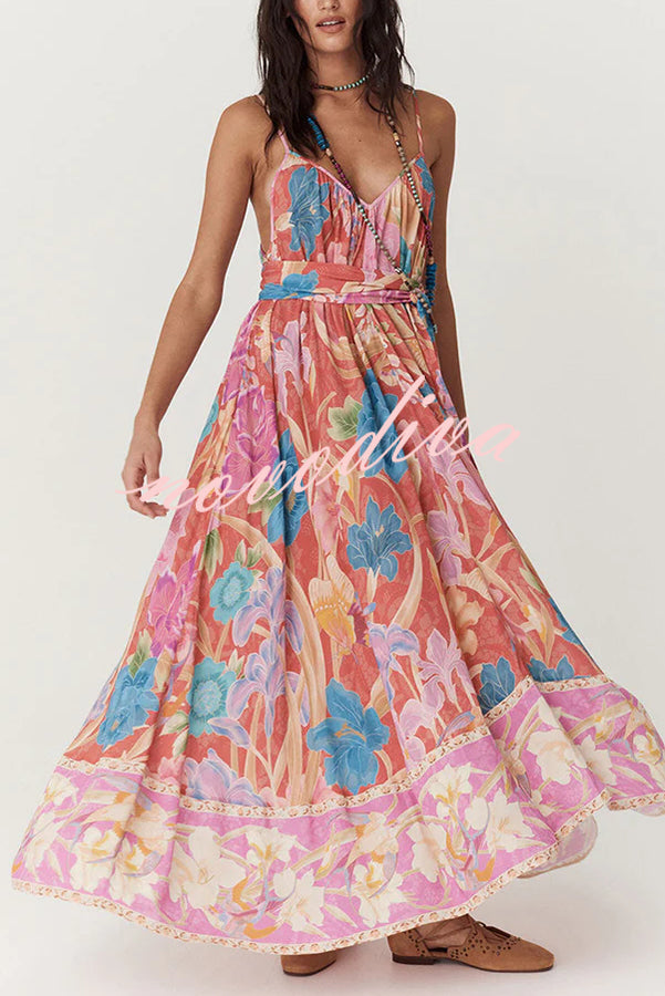 Painter's Garden Boho Floral Print Strappy A-line Maxi Dress